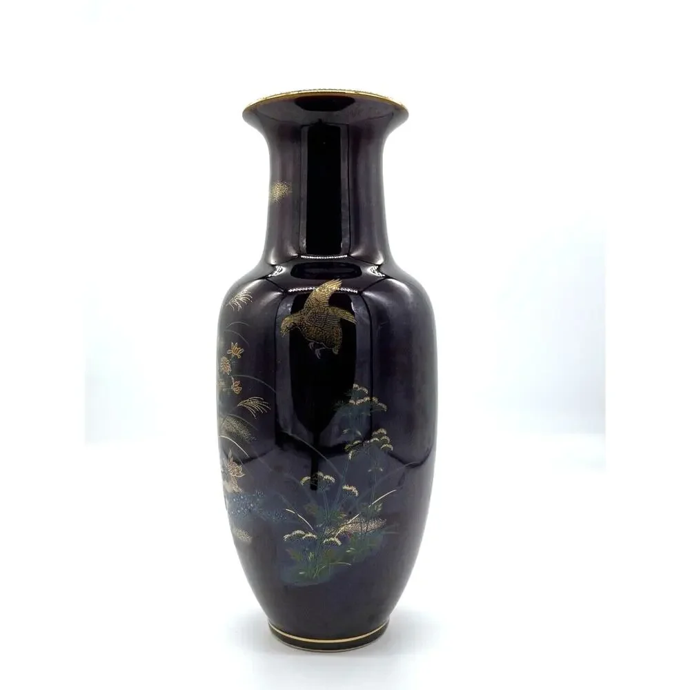 Vintage Japanese Floral Vase with Birds Deep Maroon / Burgandy 10.25